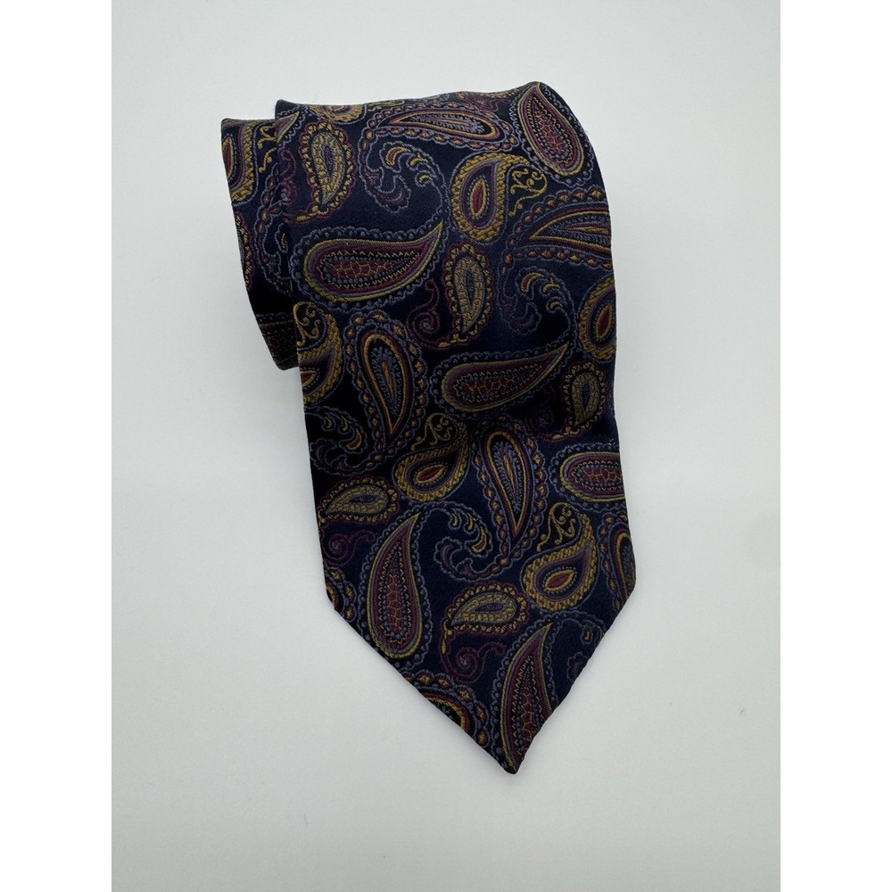 Michele Sartori Silk Tie Navy Blue Paisley Pattern Gold Burgundy Classic Necktie